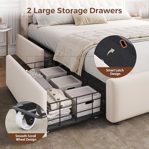 Queen LED Velvet Bed Frame with 2 Storage Drawers&Hidden Headboard, view 8