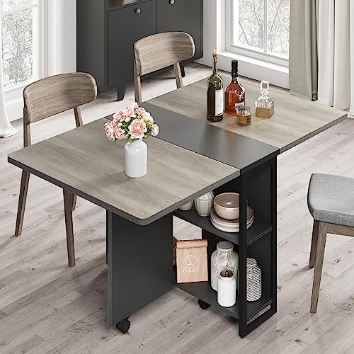 FoldingTable, Drop Leaf Dining Table with 6 Wheels and 2-Layer Storage Shelf, Space Saving Table for Small Spaces (Slate Oak, 50.1" D x 31.4" W x 29.5" H)