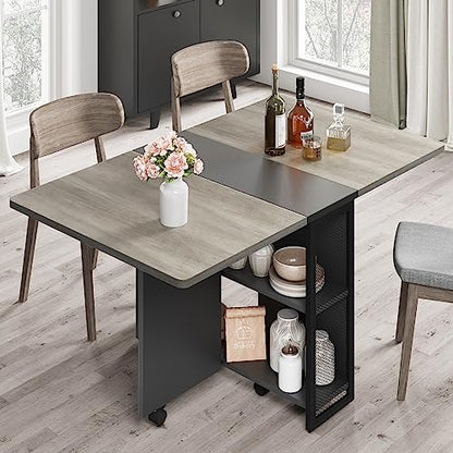 FoldingTable, Drop Leaf Dining Table with 6 Wheels and 2-Layer Storage Shelf, Space Saving Table for Small Spaces (Slate Oak, 50.1" D x 31.4" W x 29.5" H)