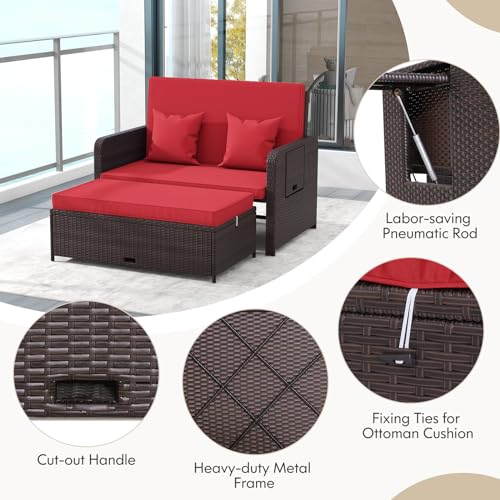 Moccha Outdoor Daybed, Wicker Loveseat Sofa Set with 4-Postion Adjustable Backrest, Storage Ottoman, Cushions, Rattan Double Bed Lounger, Patio Furniture Set (Red)