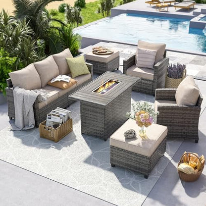 Patio Furniture Set with 44" Fire Pit Table, 6 Pieces Outdoor Sectional Conversation Sets, All-Weather Wicker Rattan Sofa Ottoman with 4" Thick Cushion for Garden Backyard Deck, Khaki