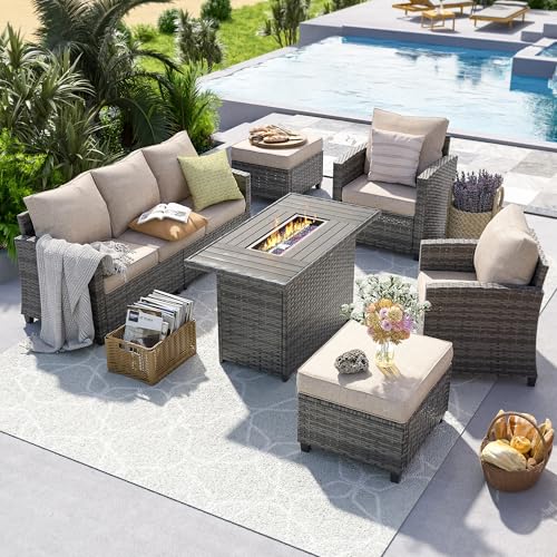 Patio Furniture Set with 44" Fire Pit Table, 6 Pieces Outdoor Sectional Conversation Sets, All-Weather Wicker Rattan Sofa Ottoman with 4" Thick Cushion for Garden Backyard Deck, Khaki
