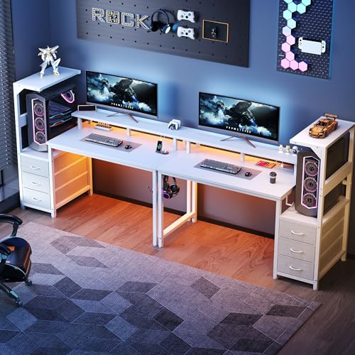 L Shaped Gaming Desk with Shelves Storage Drawers 52'', White Computer Desks with LED Lights Power Outlets, Office Wood Table with PC Stand Cable Management for Bedroom Dual Monitor Streaming