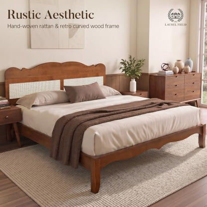 Solid Wood Bed Frame King Size with Adjustable Headboard,Brown, view 4