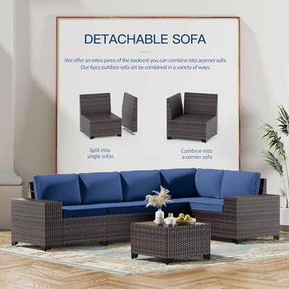 Outdoor Patio Furniture Set,12 Pieces Sectional Rattan Sofa Set Brown PE Rattan Wicker Patio Conversation Set with 10 Seat Cushions and 2 Tempered Glass Coffee Table,Navy Blue