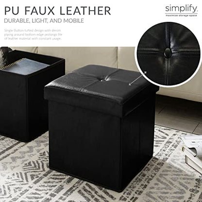 Faux Leather Folding Storage Ottoman | Single | Collapsible | Tufted Padded Seating | Foot Rest | Bench | Toy Box | Black