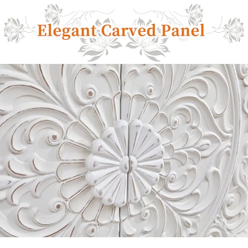 White Distressed Carved Accent Cabinet,2 Door Vintage Storage Sideboard, view 5