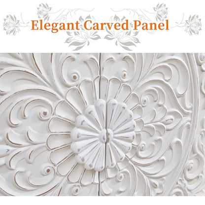 White Distressed Carved Accent Cabinet,2 Door Vintage Storage Sideboard, view 5