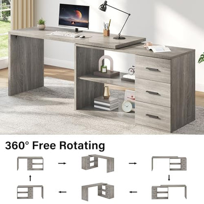 L Shaped Office Desk with Drawers Shelves 55-76 Inch, Corner Computer Desk with Storage 360 Rotating Long for Work, Executive, Study, Writing, Teacher, Bedroom Modern Gaming Table, Light Grey