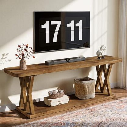 63-Inch Solid Wood TV Stand for 50/55/60/65/70/75-Inch TVs, Farmhouse Entertainment Center with Storage Shelf, Low Media Console Television Stands for Living Room, Bedroom