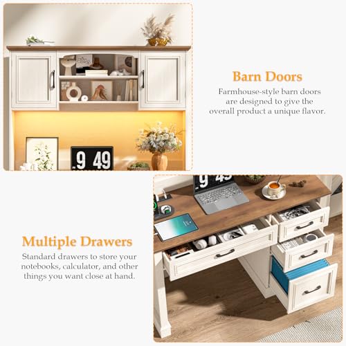 Farmhouse 67" H Executive Desk with Hutch,LED Light and Charging Station, Computer Desk with Storage Drawers & File Drawer, Workstation for Home Office & Study.Unique White