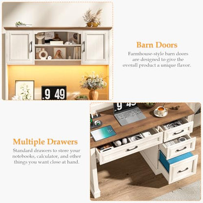 Farmhouse 67" H Executive Desk with Hutch,LED Light and Charging Station, Computer Desk with Storage Drawers & File Drawer, Workstation for Home Office & Study.Unique White