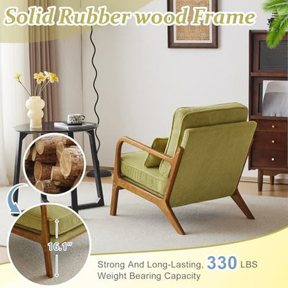 Upgraded Premium Corduroy Accent Chair,Upholstered Arm Chair,Solid Wood Comfy Reading Chair with Pillow, Mid Century Modern Chairs for Living Room,Bedroom,Guest Room,Green