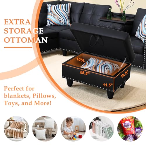 Sectional Sofa Couch, Modern 4-Seaters Living Room Furniture Sets with Chaise Lounge, Ottoman & 2 Pillows | L Shape Couch | Cup Holder | Faux PU Leather, Black