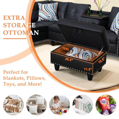 Sectional Sofa Couch, Modern 4-Seaters Living Room Furniture Sets with Chaise Lounge, Ottoman & 2 Pillows | L Shape Couch | Cup Holder | Faux PU Leather, Black