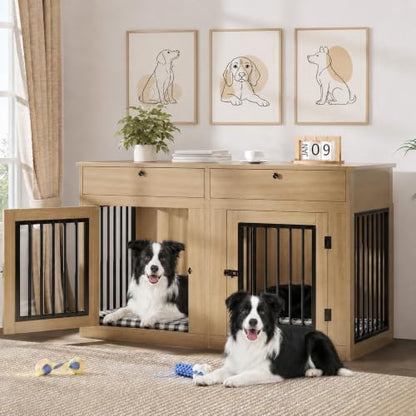 60 Inch Double Dog Crate Furniture with Storage Drawers, view 2