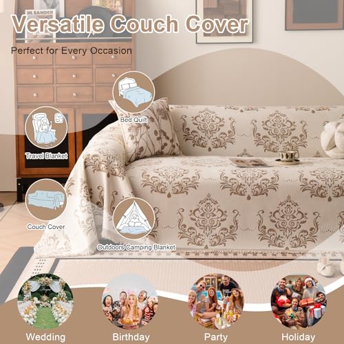 Bohemian Baroque Pattern Couch Cover Washable Chenille Beige Taupe Damask Design Sofa Slip Cover for 2 Cushion Couch Living Room Classic Decorative Furniture Protector 71" x 118"