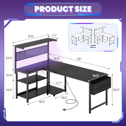 55in L Shaped Gaming Desk with Pegboard & Shelf & Storage Bag, Black, view 4