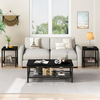 Coffee Table Set of 3, Industrial Coffee Table with 2 Square End Side Tables, Modern Living Room Table Set, with Metal Frame, for Apartment Home Office, Black