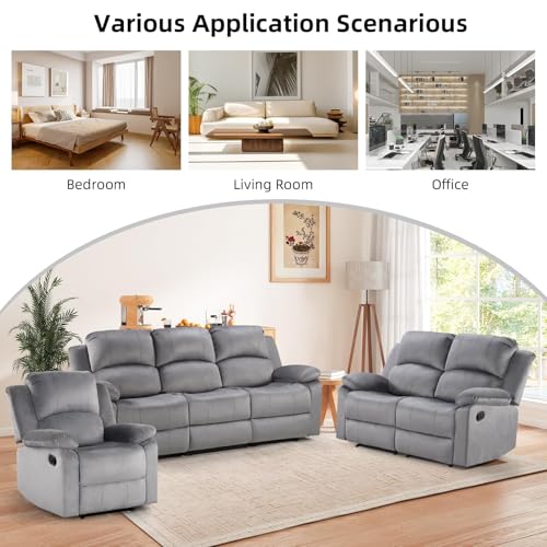 Manual Recliner Sofa Set, Microfiber Reclining Couch Furniture Set for Living Room, Includes 1 Recliner Chair, 1 Loveseat Sofa and 1 3-Seater Reclining Couch, Grey