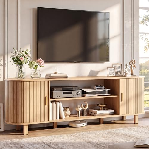 70" Mid Century TV Stand with Fluted Sliding Doors, Natural Oak, view 2