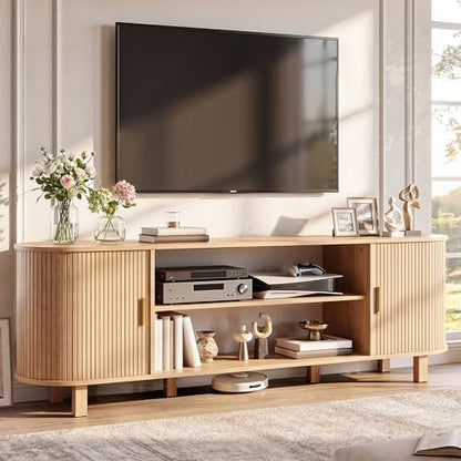 70" Mid Century TV Stand with Fluted Sliding Doors, Natural Oak, view 2