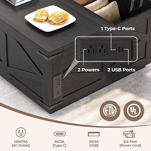 Farmhouse Lift Top Coffee Table, Square Wood Center Table with LED Lighting, USB-C Charging Station, and Hidden Storage Compartment - Rustic Black Living Room Furniture