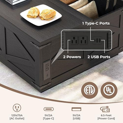 Farmhouse Lift Top Coffee Table, Square Wood Center Table with LED Lighting, USB-C Charging Station, and Hidden Storage Compartment - Rustic Black Living Room Furniture