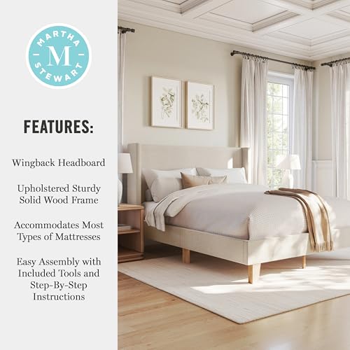 Maisie Queen Wingback Upholstered Platform Bed, Beige, view 6