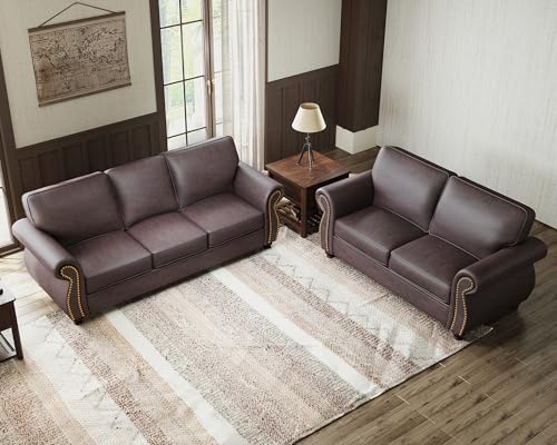 Rivet Couch,Living Room Sets,Mid-Century Couch, Solid Wooden Frame for Living Room,Vintage Couches (Brown, Loveseat+3 Seater)