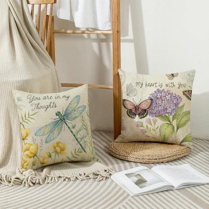 Throw Pillow Covers 16x16 Set of 4 Spring Summer Pillow Covers Linen Flower Butterfly Farmhouse Pillowcases for Sofa Couch Living Room Outdoor