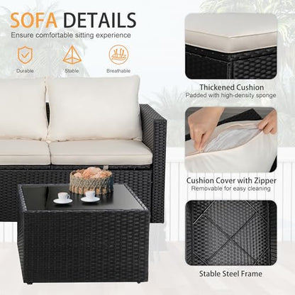 4 Pieces Patio Furniture Set, 2-in-1 Convertible Sectional Sofa & Chaise Lounge, All-Weather Wicker Rattan Sofa Couch with Cushions & Coffee Table for Yard, Garden, Porch, Poolside (Beige)
