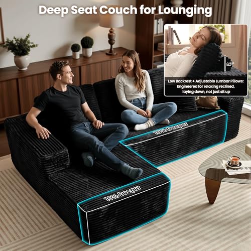 106" Cloud Sectional Couch with Chaise Lounge,L Shaped Modular Modern Sofa,Comfy Corduroy Fluffy Sofa with Deep Seat,No Assembly Required Couch for Living Room(Left,Plush Corduroy,Black)