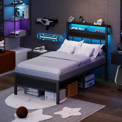 Twin Bed Frames with Charging Station and LED Lights, Black Oak, view 5