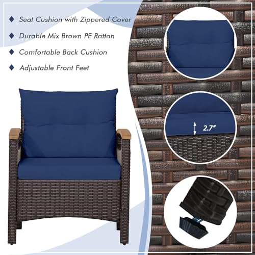 3-Piece Patio Furniture Set, Patiojoy Outdoor Rattan Sofa Set with Coffee Table, Patio Conversation Set with Removable Cushion, Cozy Acacia Wood Armrests for Backyard, Poolside (Navy)