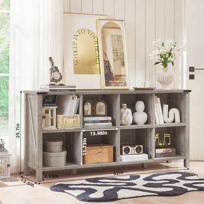 8 Cube Book Shelf, Farmhouse Wood Long Storage Organizer Bookcase, 62" Horizontal Grey Oak Console Closet Bookshelf, Hallway TV Stand for Entryway, Display Cabinet Book Case for Living Room