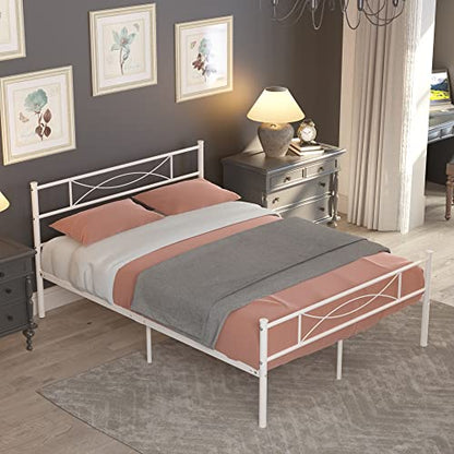 Full Size Bedframe Metal Bed Frame with Headboard and Footboard Mattress Foundation Support Platform Bed No Box Spring Needed, Popular Style White