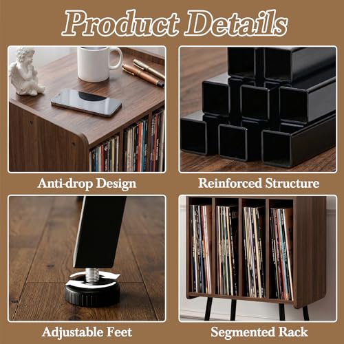 Record Player Stand with 4 Cabinets, Walnut, view 5