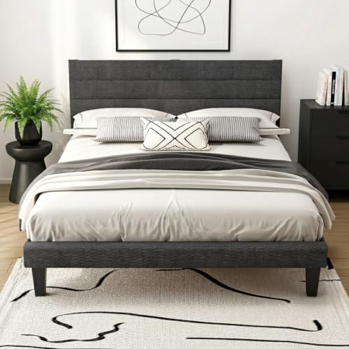 Queen Upholstered Platform Bed Frame with Headboard, Dark Gray Linen, view 2