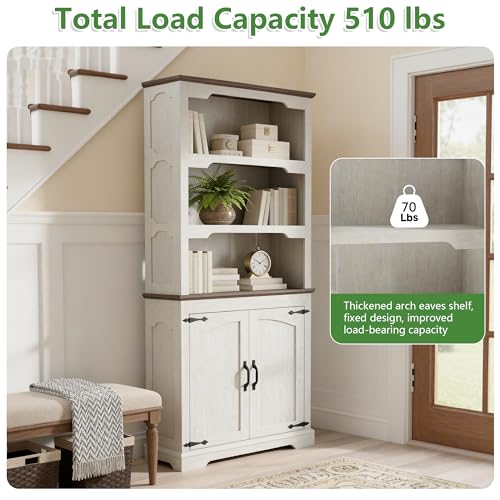 70'' Farmhouse White Bookcase Bookshelf, 5-Tier Bookcase with Doors Storage, view 7