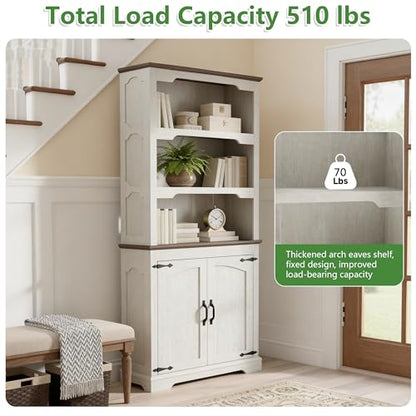 70'' Farmhouse White Bookcase Bookshelf, 5-Tier Bookcase with Doors Storage, view 7