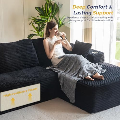 104" Modular Sectional Couch with L-Shape Chaise, Modern Boneless Couch for Living Room, Sofa in A Box, Oversized Sofa with Deep Seat, No Assembly Required, Black