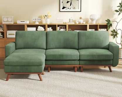 97" L-Shape Modular Sofa, 3-Seat Corduroy Couch with Movable Ottoman, Sectional Sofa for Living Room, Green