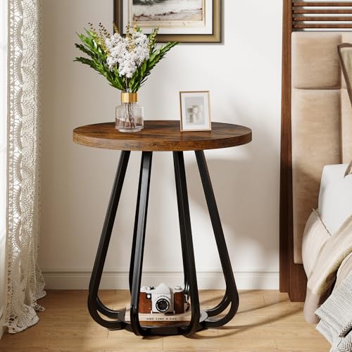 Tribesigns Round End Table with Storage, 2-Tier Side Table with Metal Frame and Lower Shelf, Small Accent Table Nightstand for Living Room, Bedroom, Small Spaces, Vintage Brown & Black