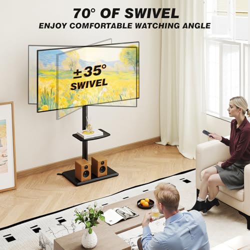 Floor TV Stand with Mount for 32-60 inch TVs, Swivel and Height Adjustable Floor Standing TV Stands with Wood Base, Tall TV Stand with Shelf up to 88 lbs for Living Room, Bedroom and Corner