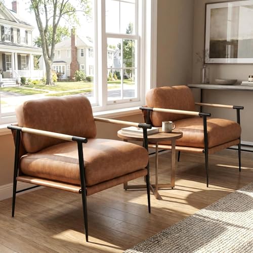 Mid-Century Modern Accent Chair Set of 2 Armchair Brown PU Leather Sofa Lounge Bedroom Chair with Metal Leg for Living Room Reading Office