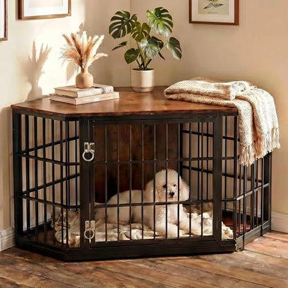52 Inch Dog Crate Furniture Corner for Large Dogs, Brown, view 2
