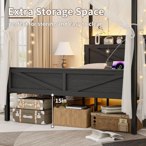 Metal Canopy Bed Frame King Size with Storage Headboard, view 7