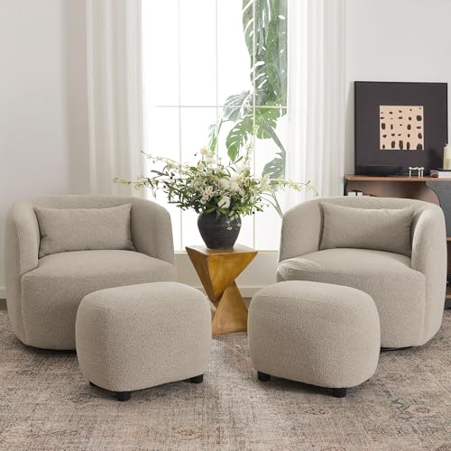 Round Boucle Upholstered Ottoman Chair, Footstool with Soft Padded Seat, Fully Assembled Modern Sofa Couch Footrest, Extra Seating for Bedroom Entryway, Taupe(18.5" D x 23" W x 16.5" H)