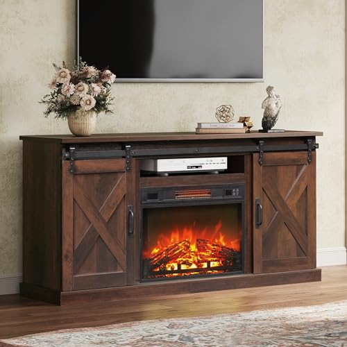 Farmhouse Fireplace TV Stand for TVs Up to 65", Sliding Barn Doors, view 2